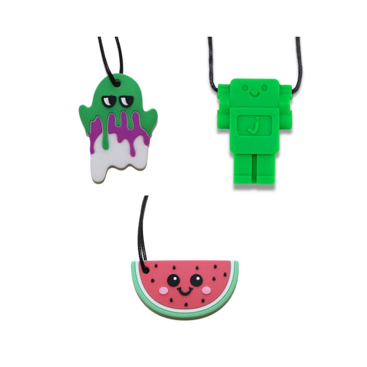 Chewables Bundle 2 containing Spooky Ghost, Grassy Green Robot and Watermelon Bright Jellystone Chew Pendants