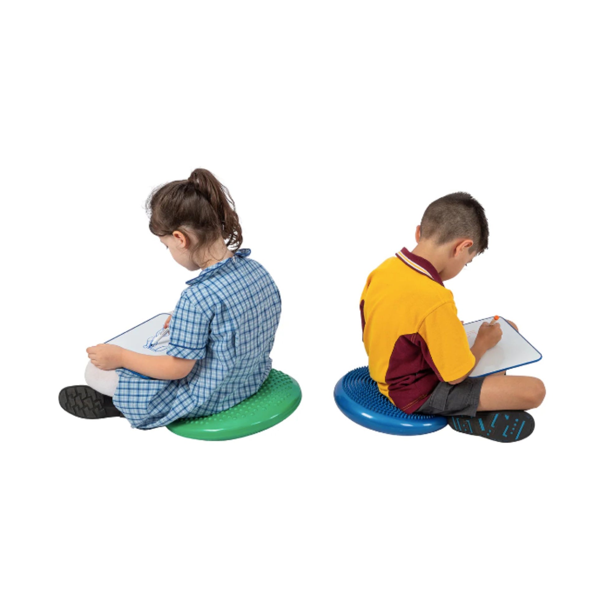 Children sitting on Elizabeth Richards Wriggle and Tactile Cushions in blue and green