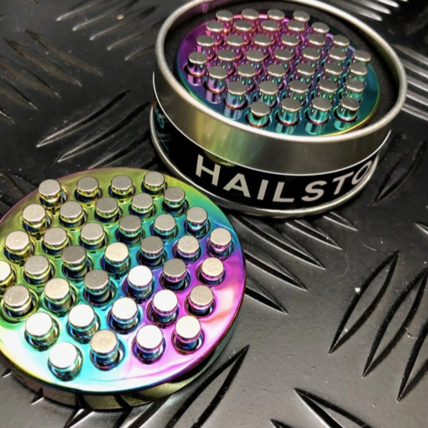 Hailstorm ASMR Fidget by Kaiko Fidgets in Oil Slick in display tin