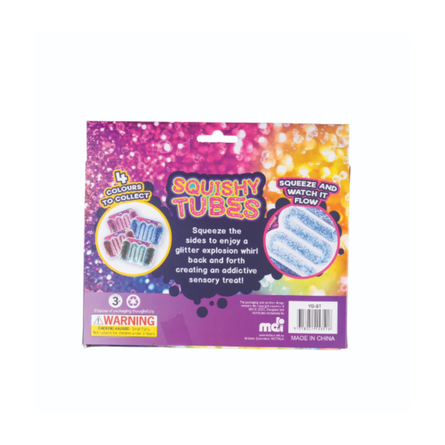 Rear packaging of Squishy Tubes sensory tubes filled with glitter