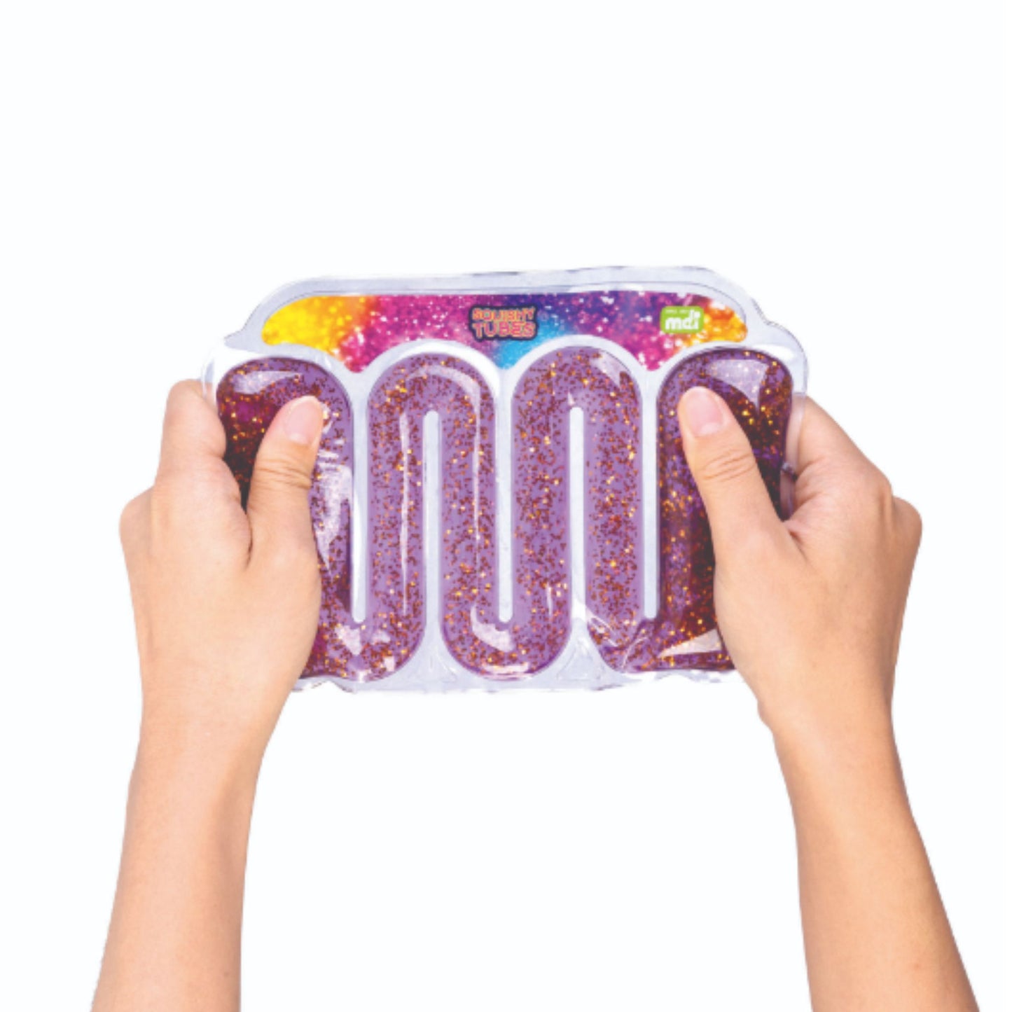 Person holding Squishy Tubes sensory tubes filled with purple glitter