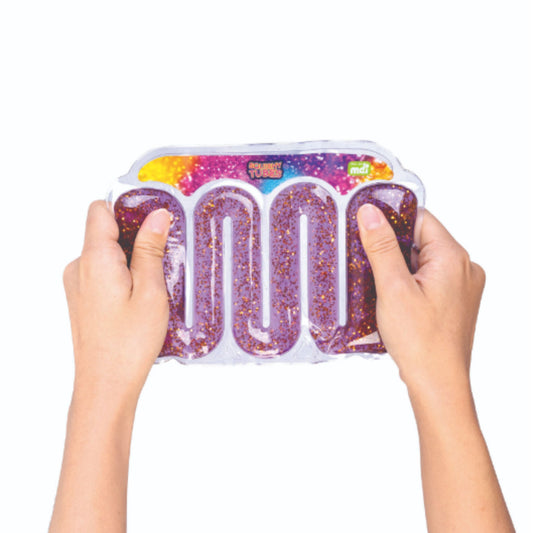 Person holding Squishy Tubes sensory tubes filled with purple glitter