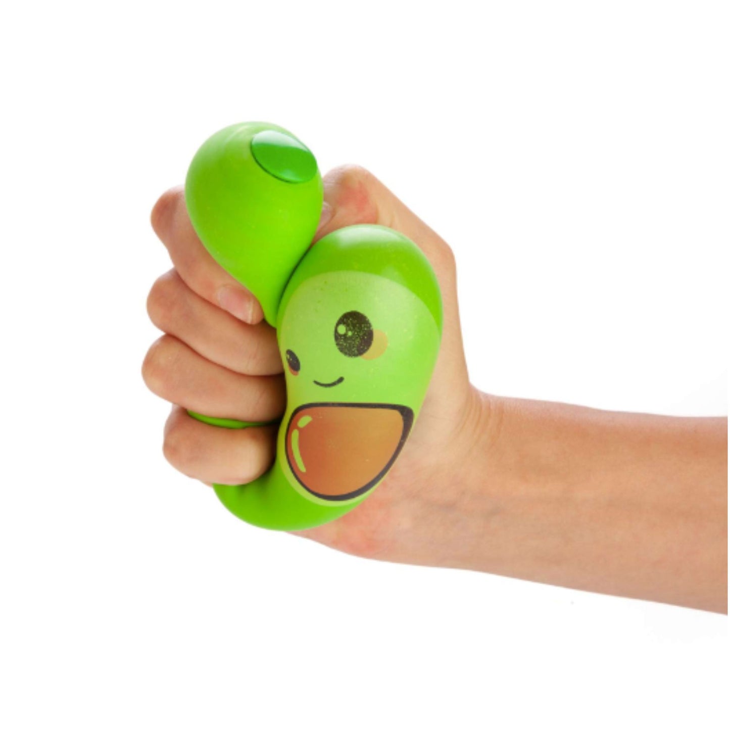 Hand squishing a Stress Avocado green stress relief toy