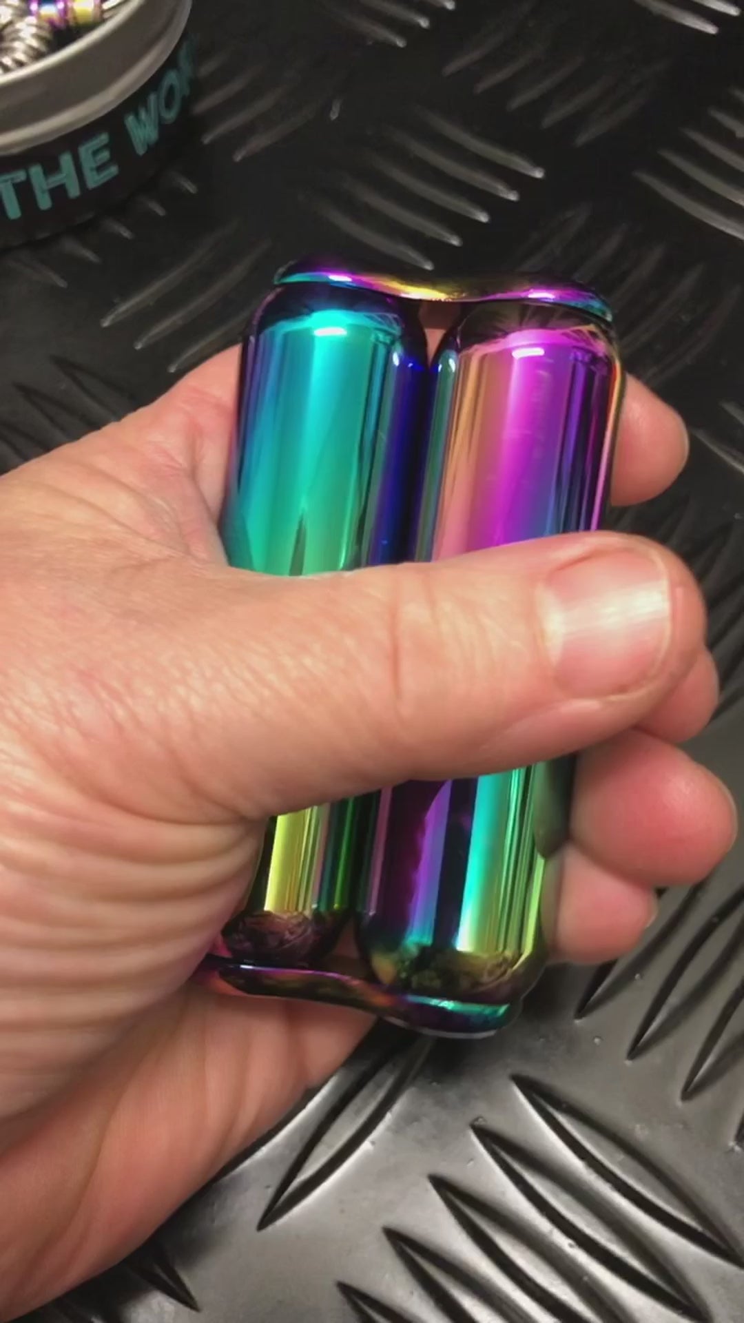 Demonstration of 180 gram hand roller fidget by Kaiko in Oil Slick Smooth